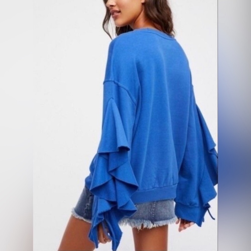Free People Blue Ruffle Sleeve Sweatshirt